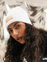 White Leather Patch Beanie